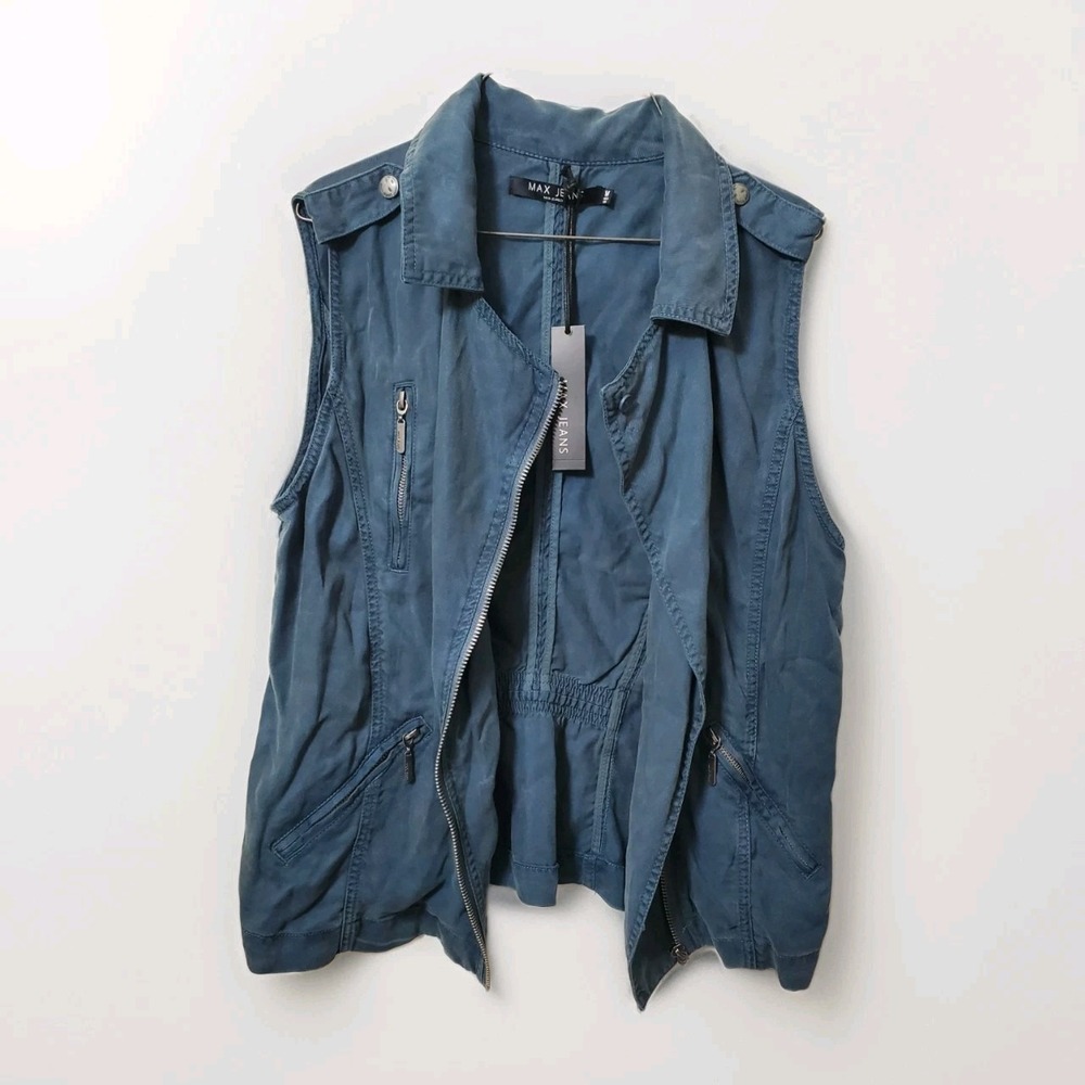 Max Jeans Women Sleeveless Full Zipper Vest Moto Style Size M Tencel 100% Blue